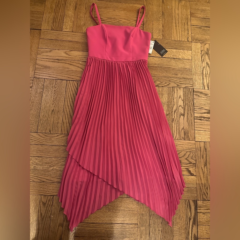 Aidan Mattox Asymmetrical Pleated Midi-Length Dress in Watermelon Bliss Size 2 - Picture 3 of 11